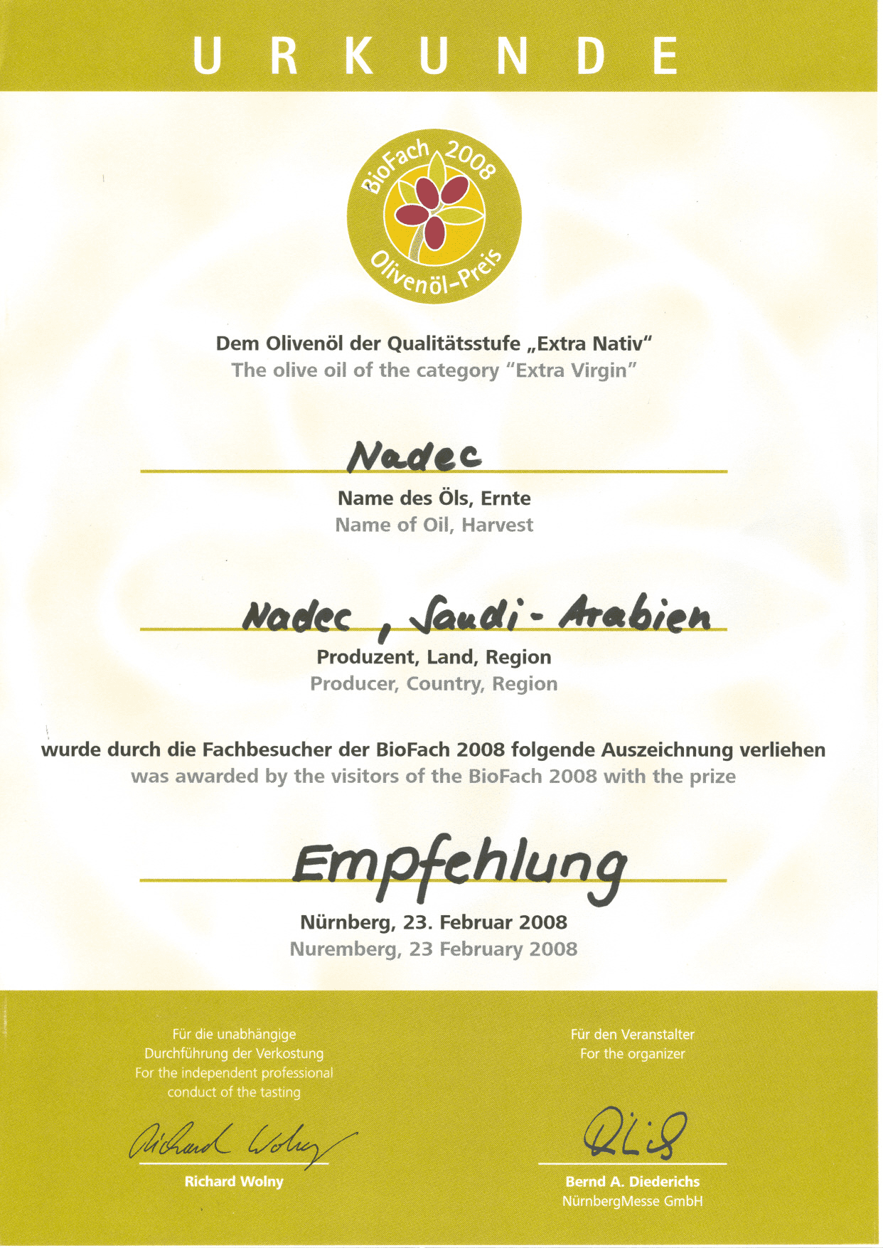 German Bio-Fach Certificate for the best organic olive oil. | Nadec